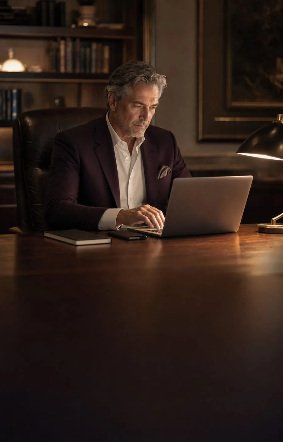 A senior executive working late at his desk, with fifteen points of quiet oversight connected around him